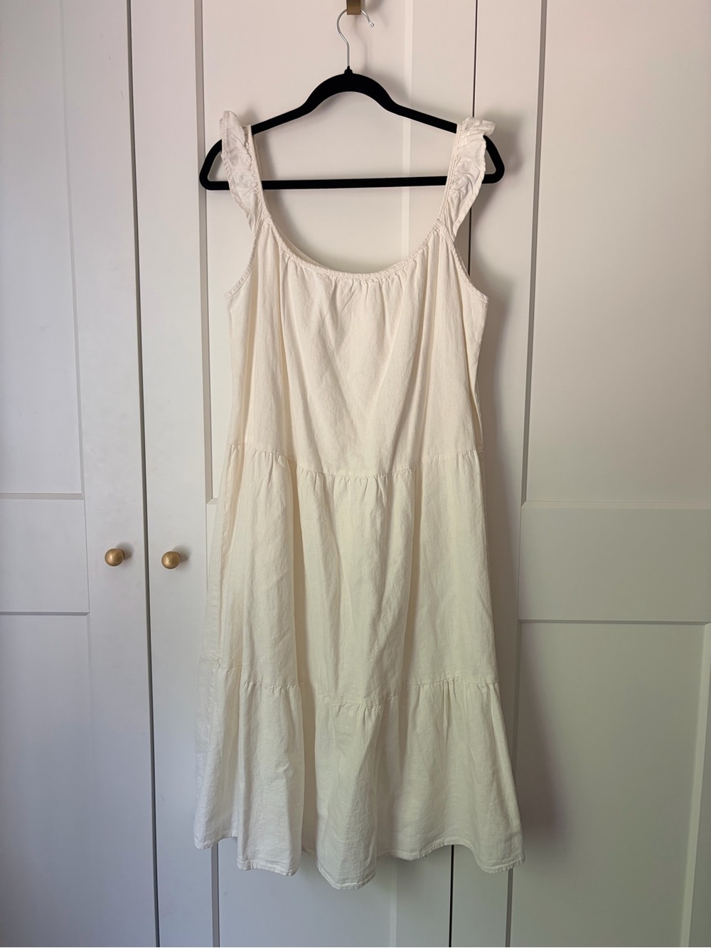 Linen Blend Off White Tiered Ruffle-Shoulder Midi Dress | M
